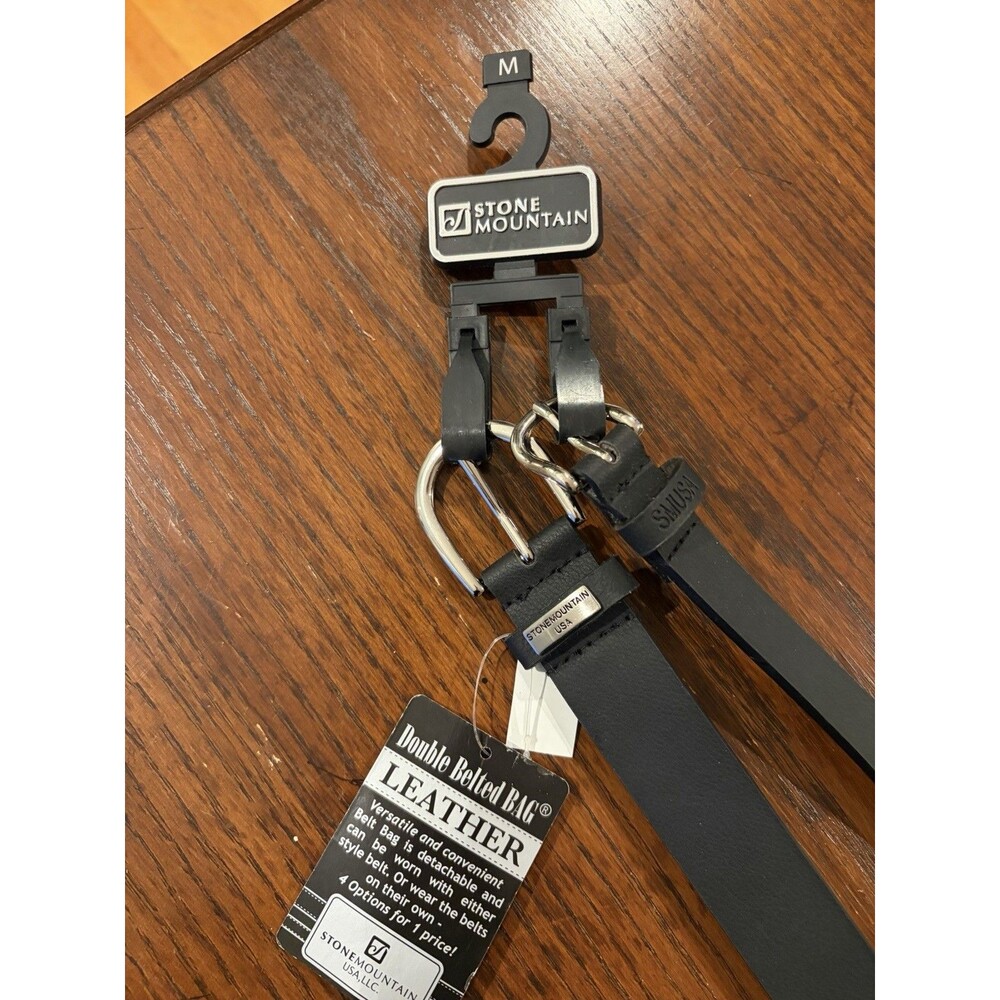 New with Tags Stone Mountain Double Leather Belts Two Black Belts And Belt Bag